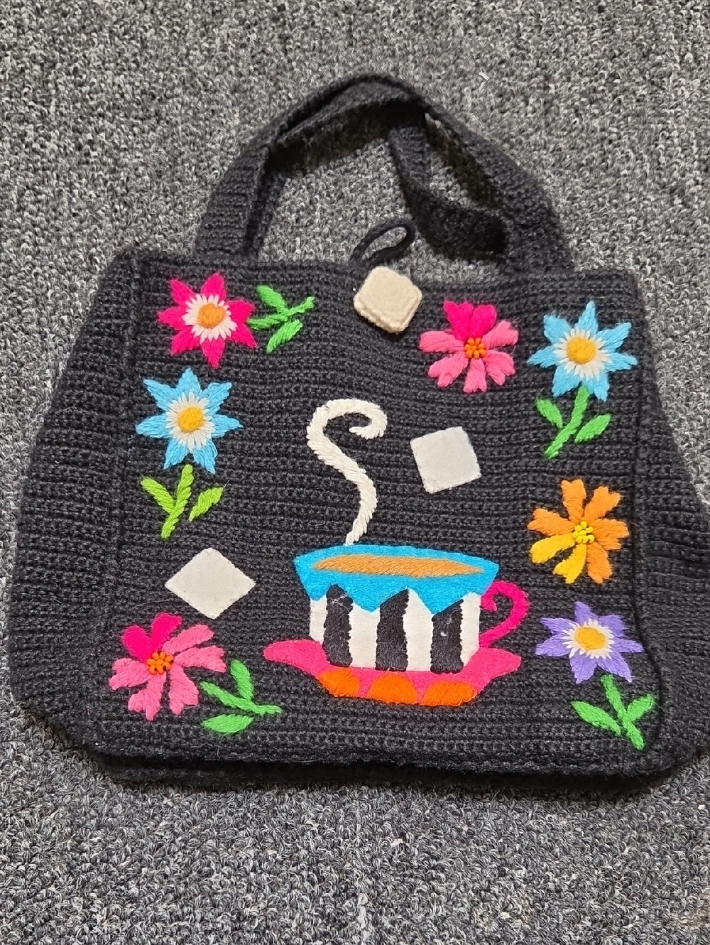 Michael Simon Black Crochet Tote with Colorful Floral & Teacup Motif